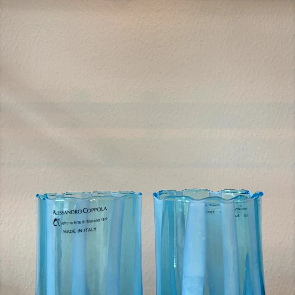Alessandro Coppola Murano Italy Blue & White Art Glass Tumblers Set of 2 NEW